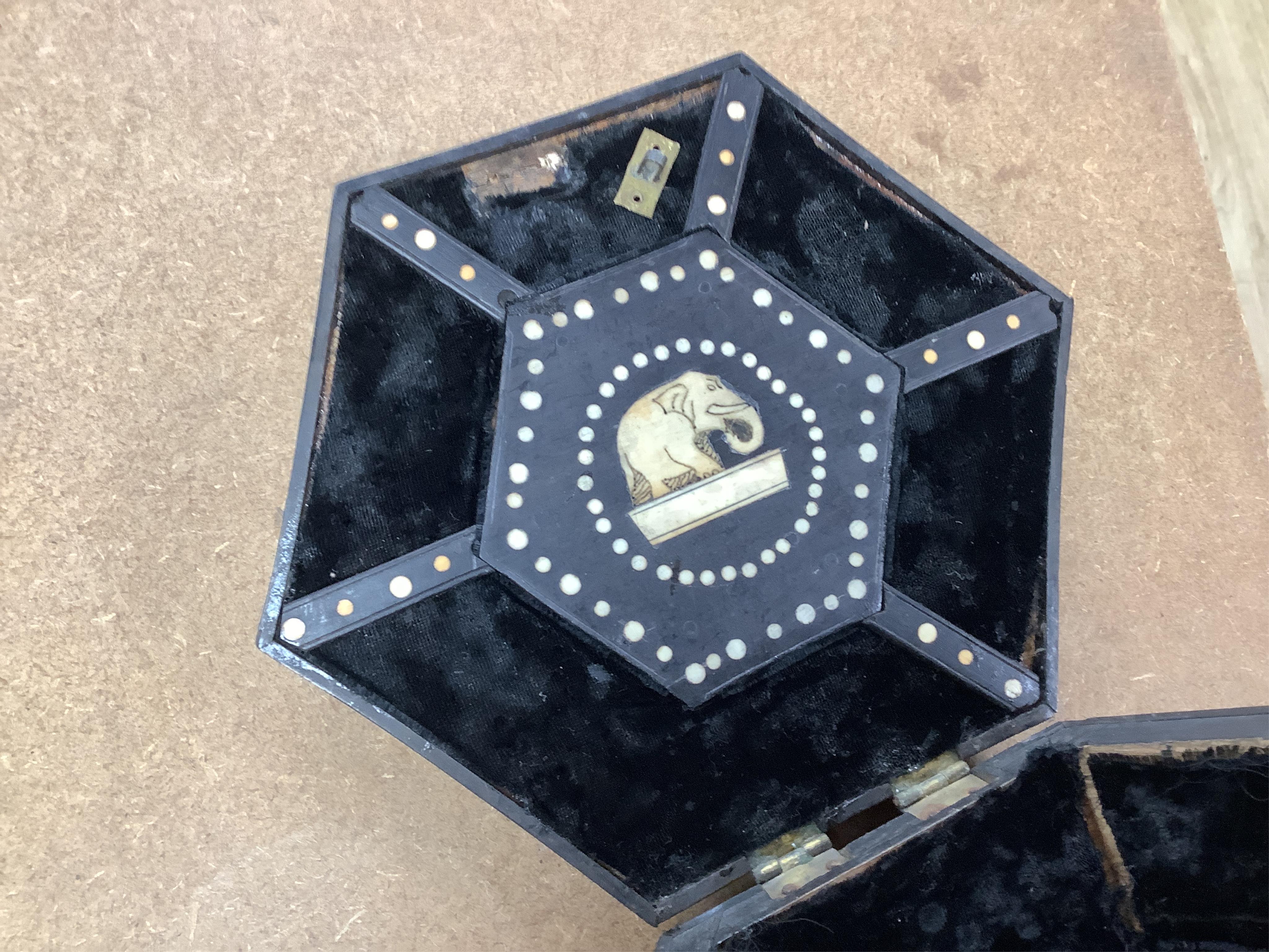 A late 19th century Ceylonese hexagonal quill box with bone inlay, 21cm wide